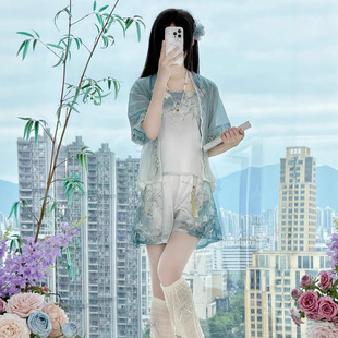 原创汉服女2026新款对襟宋制刺绣短衫短裤夏季吊带中国风日常套装