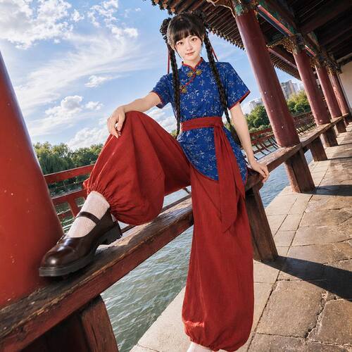 现货原创中华娘小厨娘立领旗袍灯笼裤武侠风套装修身cos服日常款
