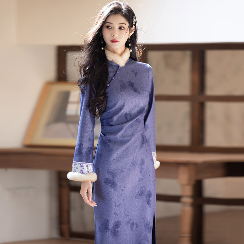 紫色收腰加绒国风苏州长袖改良旗袍冬季厚款女新中式2025新款秋冬