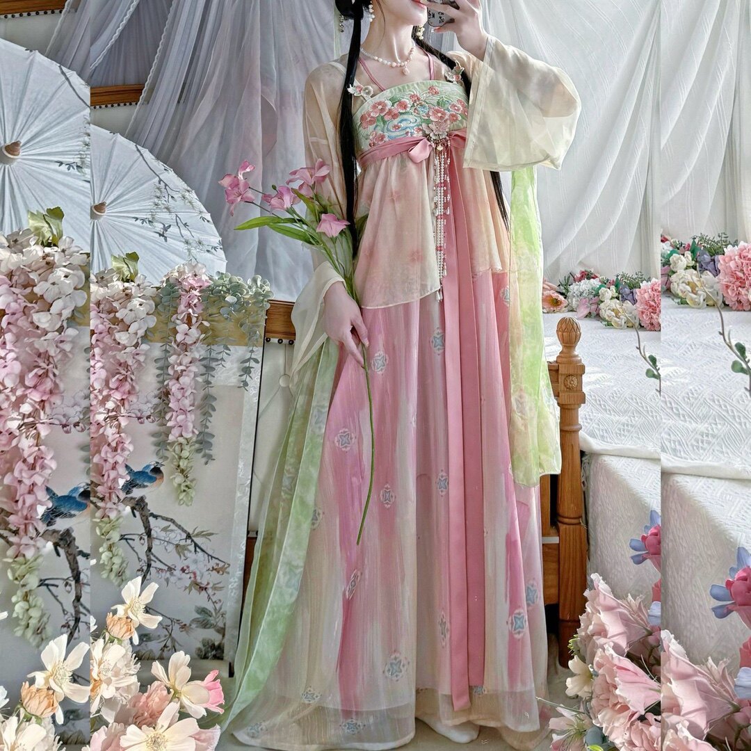 闺蜜成人汉服女春江暖水唐制齐胸襦裙刺绣粉色清新古风仙气日常款