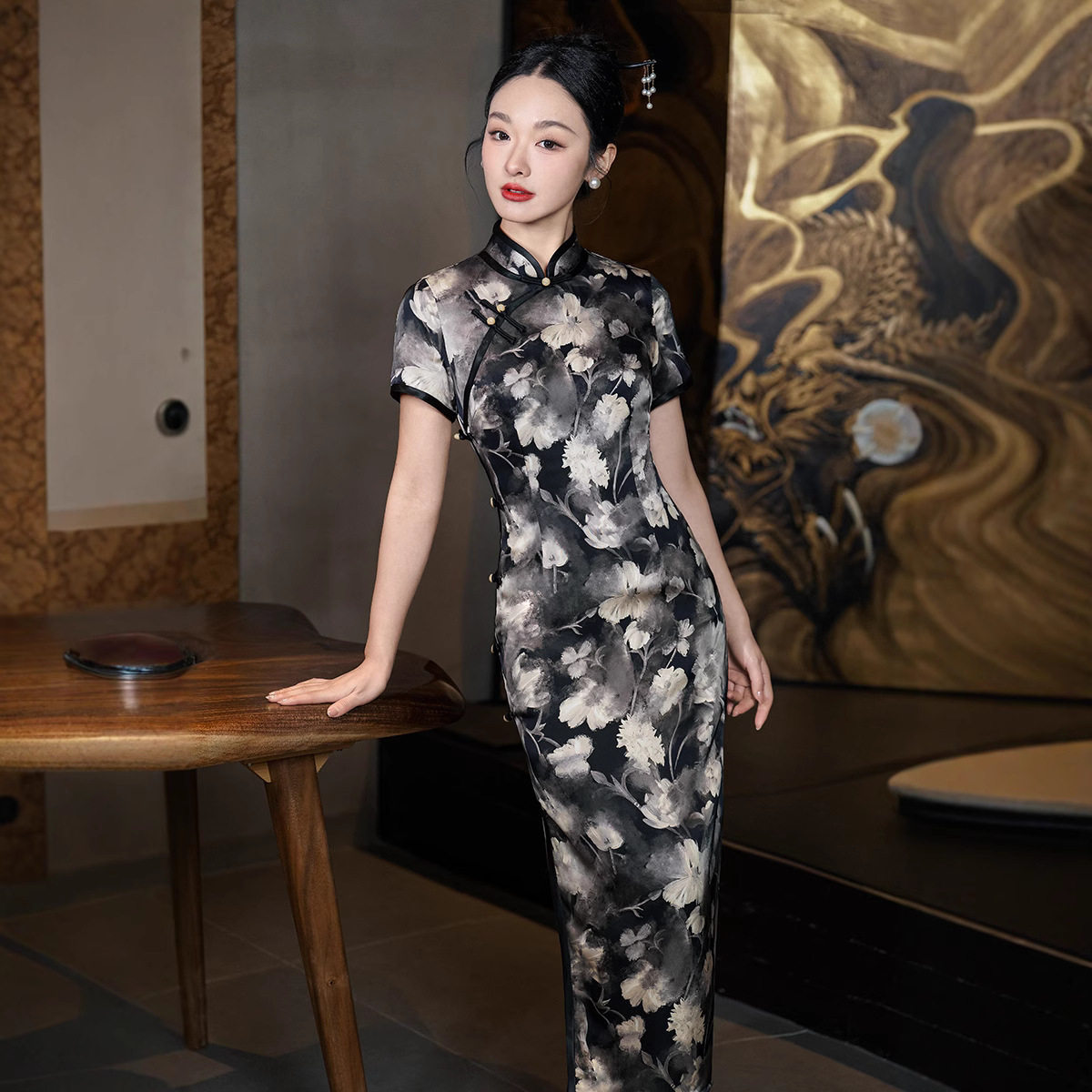 改良旗袍女新款2026复古修身气质春夏款短袖长款日常水墨国风中式