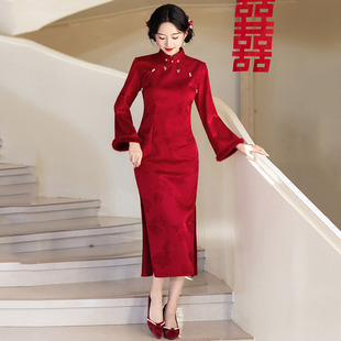 红色加绒加厚冬装国风中式长袖改良旗袍女复古新娘结婚敬酒服