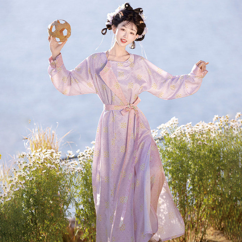 原创汉服唐制圆领袍灯笼裤《醉春色》复原风拼色春夏女日常套装