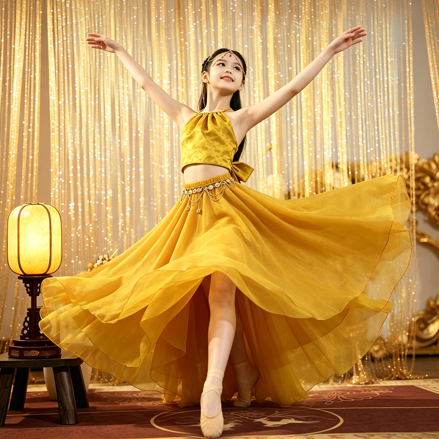 原创儿童异域风舞蹈服敦煌演出服女童真丝提花短上衣多层大摆长裙