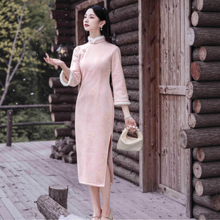 靓依铺秋冬粉色旗袍冬装女新中式冬天加绒加厚小个子长袖日常
