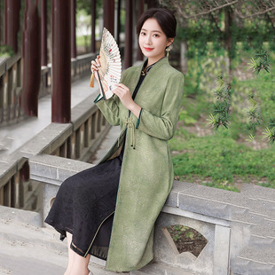 绿色加厚秋冬装旗袍外披外套新中式国风复古长袖日常旗袍百搭外