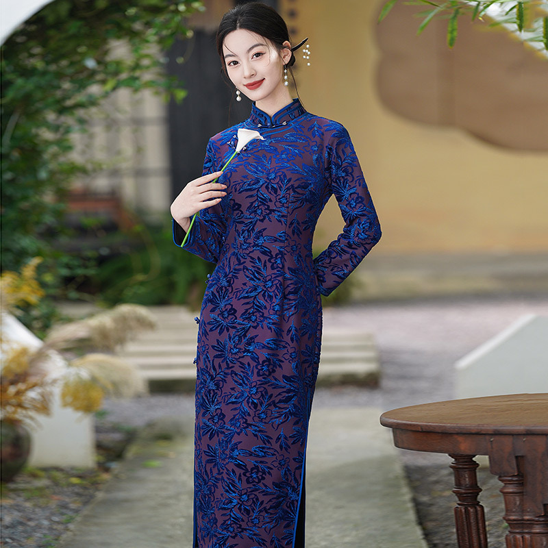 蓝色妈妈装加绒国风苏州长袖改良旗袍冬季厚款女新中式拜年服秋冬