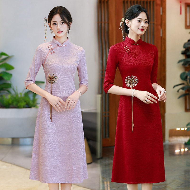 红色国风新中式妈妈装奥黛秋季旗袍中袖2026新款女复古连衣裙