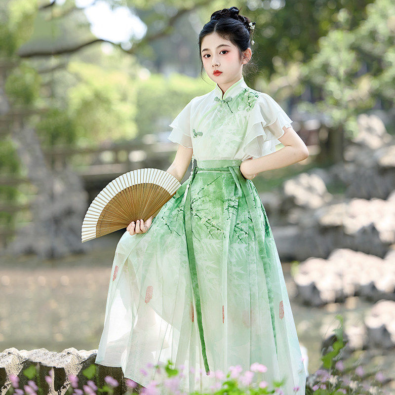 女童新中式汉服夏季薄款马面裙套装超仙中国风绿色古装儿童旗袍