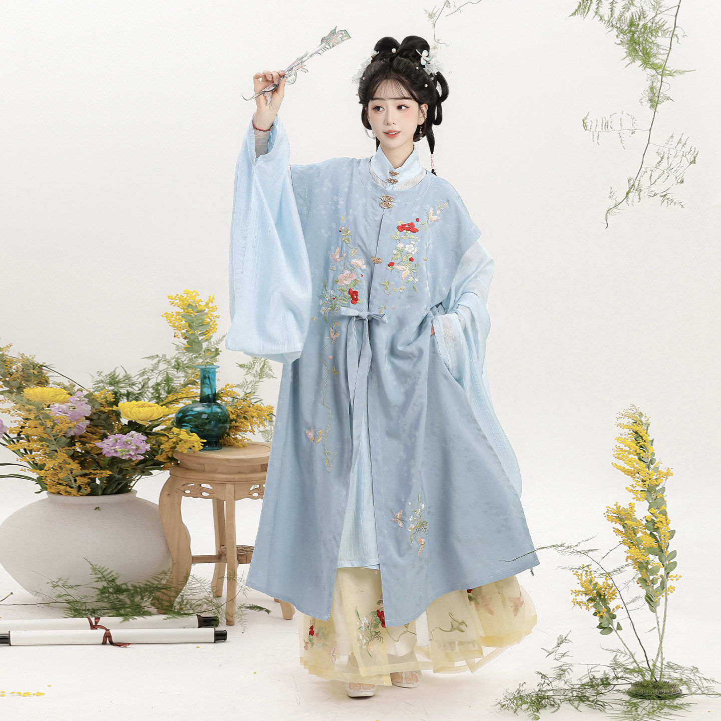 原创成人汉服明制女款长衫圆领衫立领斜襟暗纹汉服春秋新款套装