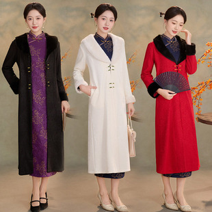 白色加绒加厚冬装国风新中式长袖旗袍外套外披改良年轻款女秋冬季