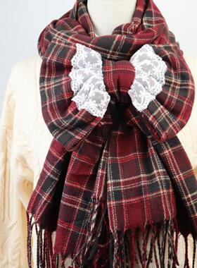 蝴蝶结围巾格子LOLITA可爱少女披肩两用款红色系学生日系秋冬