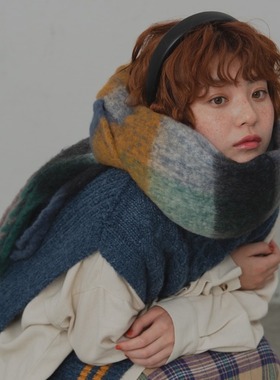 围巾日单尾货圈圈绒格子加厚冬季保暖软呼呼长围巾温柔日系男女通
