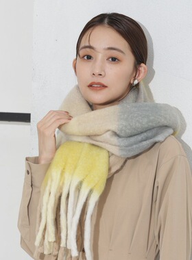 围巾格子圈圈绒加长加厚冬季保暖披巾米白黄色系温柔女方块清仓款