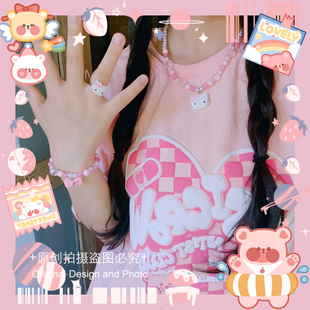 日系INS原宿风QQ秀Y2K辣妹土酷卡通猫咪项链戒指环手链三件套