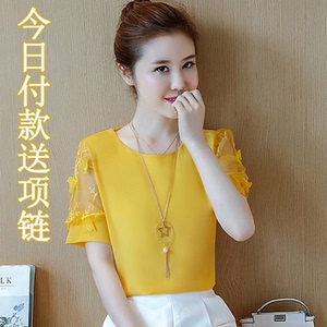 短袖雪纺衫2021夏装新款宽松甜美小衫女装短款超仙气质蕾丝衫上衣