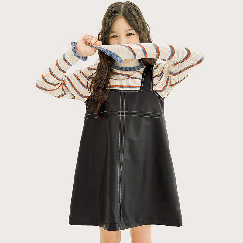 纯一良品童装女童背带裙女孩秋冬新品中大童复古时尚PU皮吊带裙子