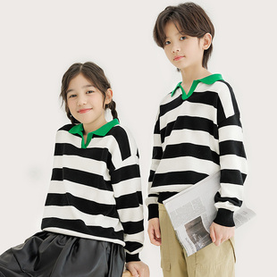 纯一良品童装儿童针织POLO衫男孩春秋新品中大童黑白条纹翻领毛衣