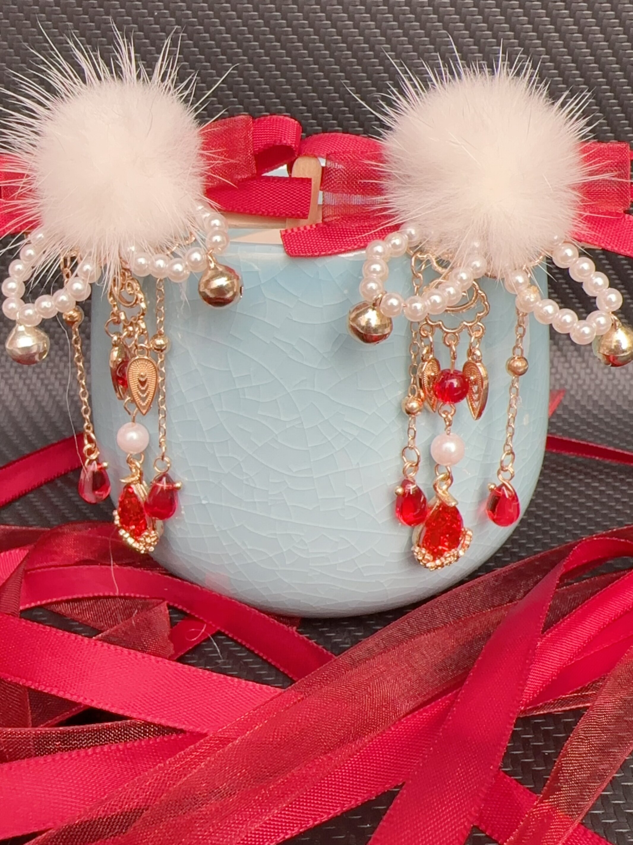 女孩古风发饰红色年  女童庆汉服配饰长球水貂毛发夹新喜丝带流苏