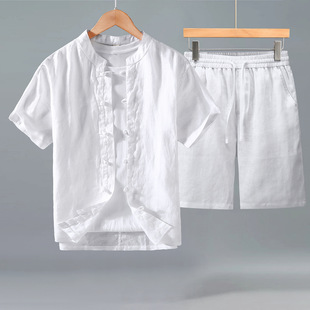 100%纯亚麻唐装男款夏季透气短袖衬衫套装中国风中式古风薄款茶服