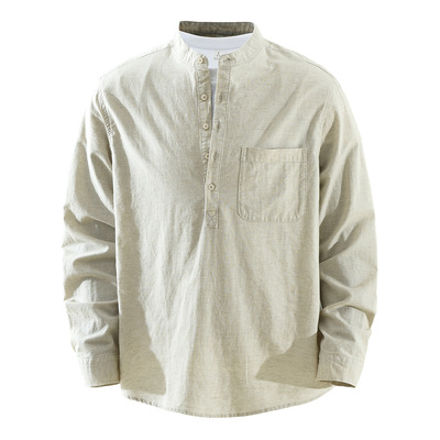 男士棉麻立领长袖衬衫