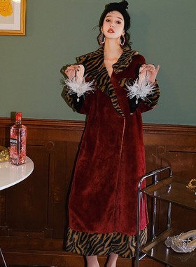 原创美艳虎纹豹纹酒红法兰绒睡袍系带两件套装珊瑚绒可外穿家居服