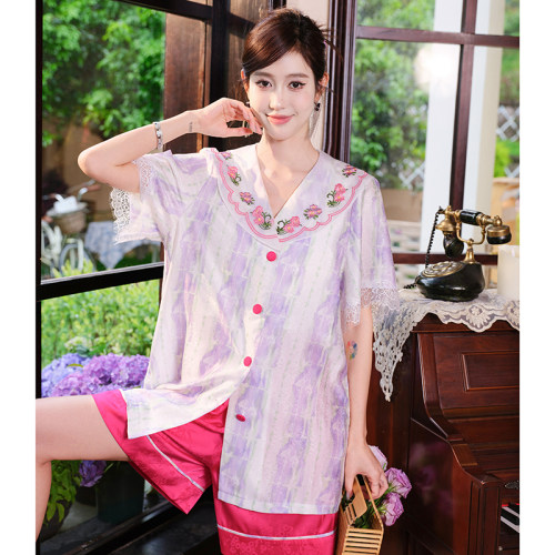 两件套刺绣缎面家居服套装胸垫女