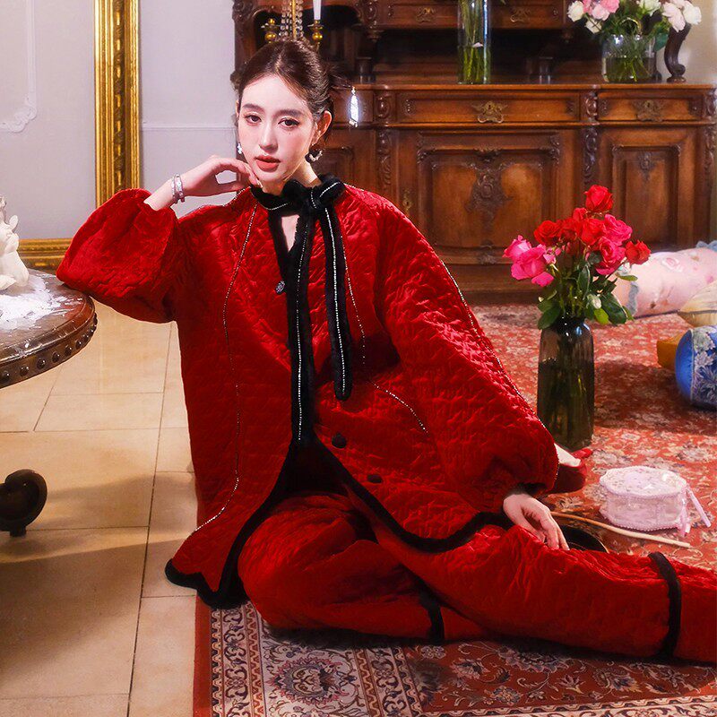原创正红水钻三层夹棉加厚睡衣可外穿灯笼袖加棉两件套家居服套装