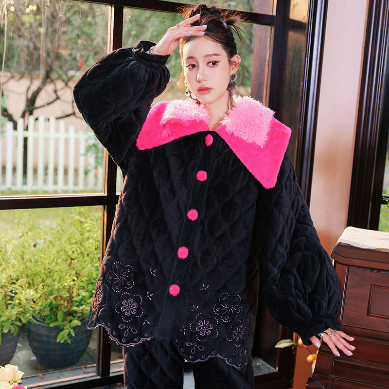 亲肤仿兔毛领加厚夹棉加绒家居服