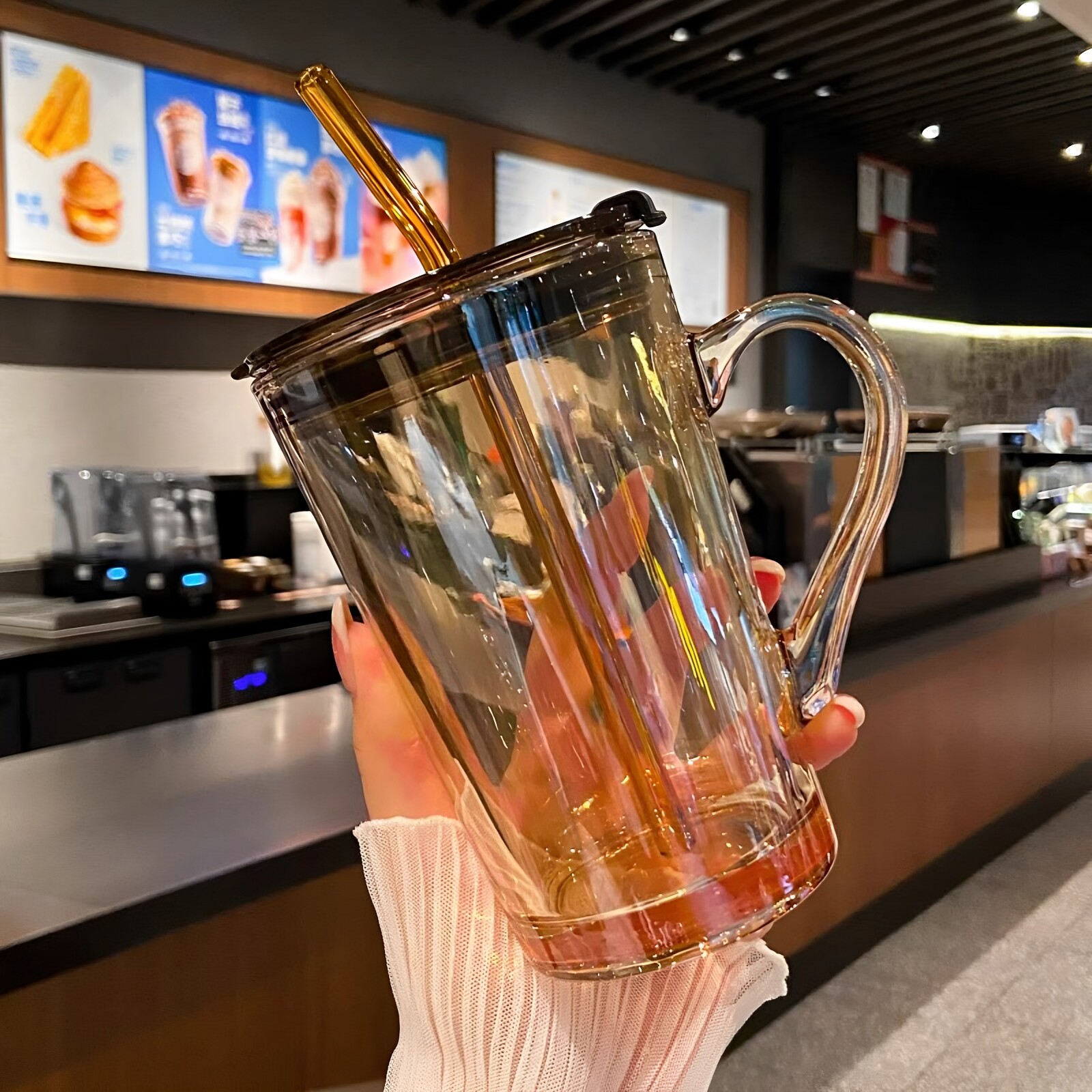 琥珀色玻璃吸管杯带把手透明双饮杯咖啡饮料奶茶杯子耐高温茶水杯
