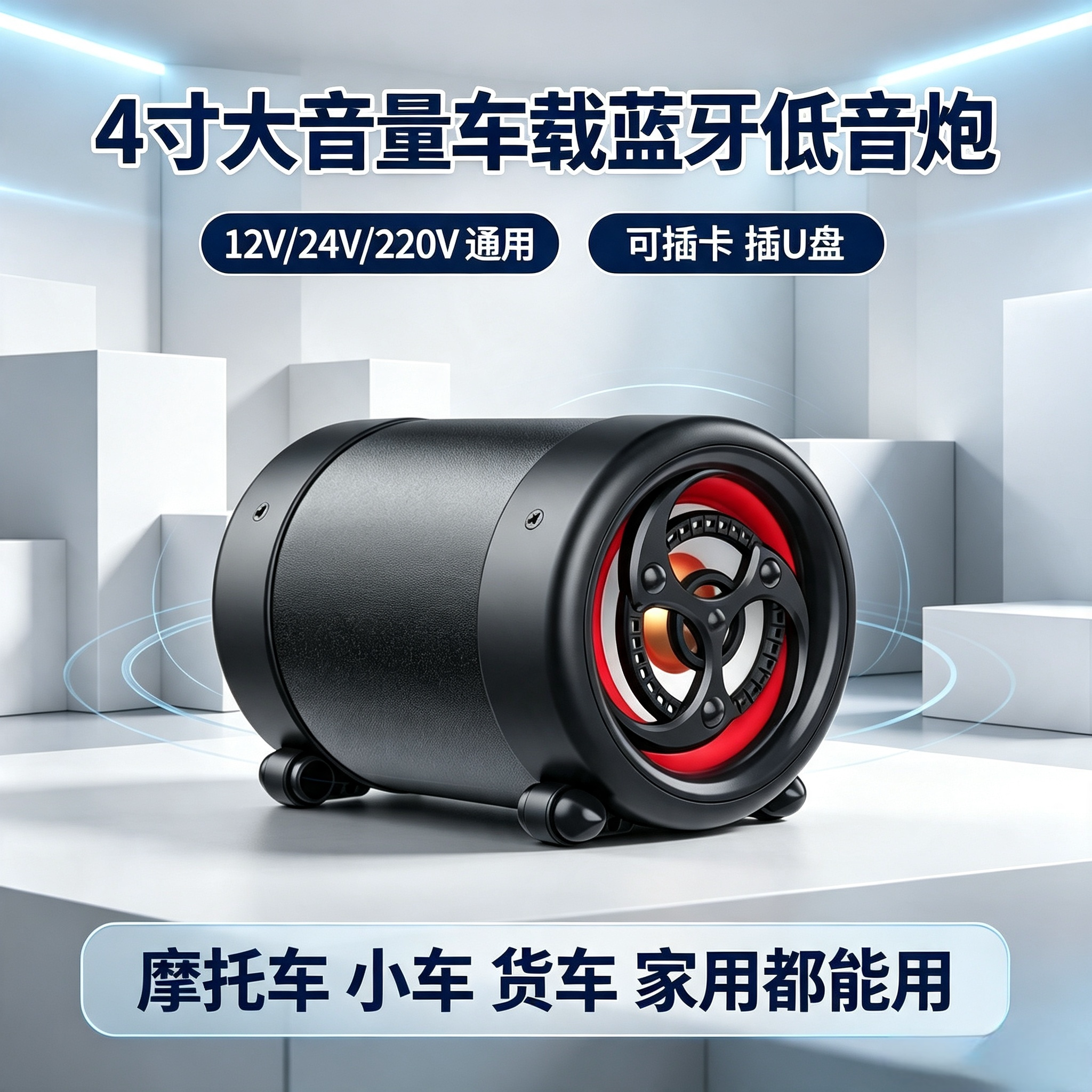 音知宝4寸大音量12V24V车载蓝牙低音炮高配置220V家用插卡音箱
