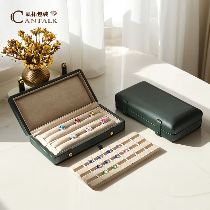 真皮羊皮珠宝收纳盒高级墨绿色首饰盒彩宝宝石耳钉戒指收纳盒拍照