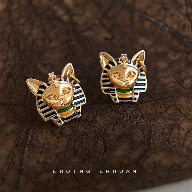 中古风埃及猫头法老925银针镀14K珐琅滴釉彩绘耳钉工耳饰女图片