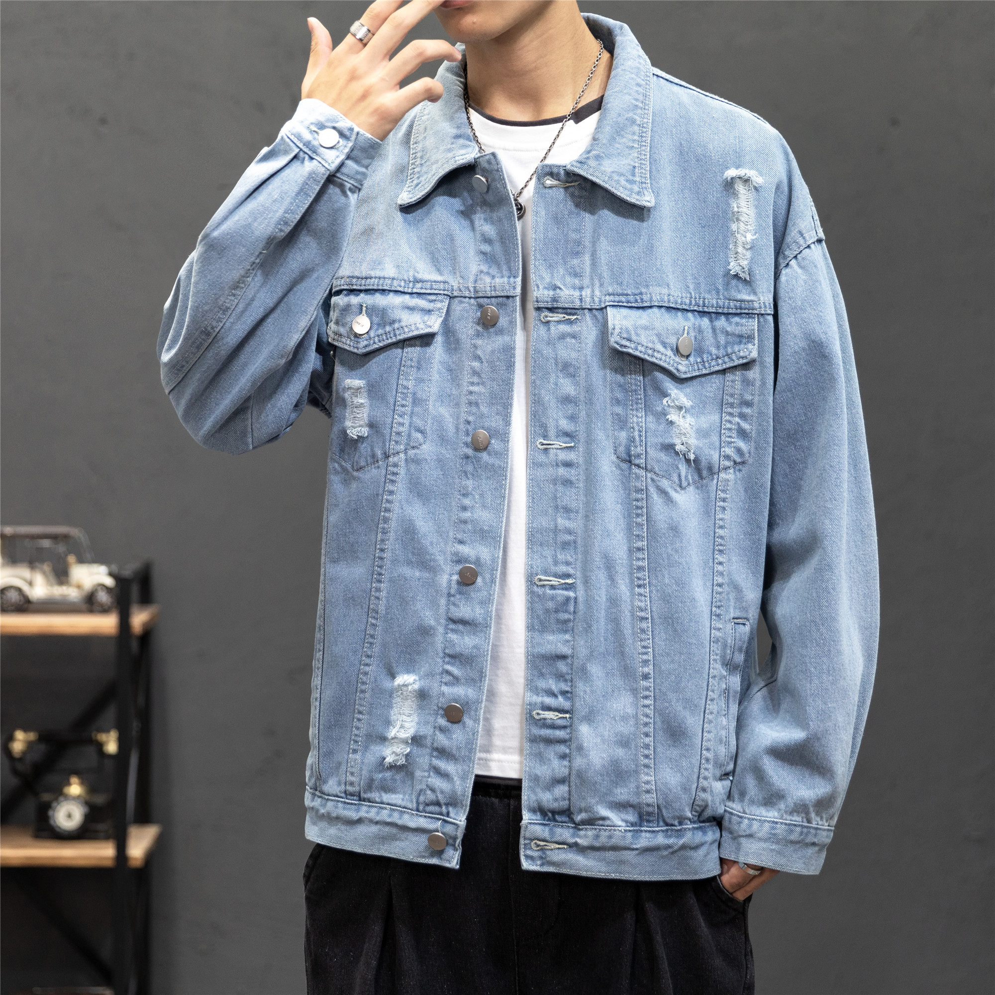 2021破洞男士大码牛仔衣学生印花夹克青少年外套JK772-P70,男装工装外套,星座1103-1