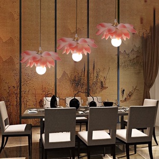 新中式餐厅吊灯莲花中国风吧台茶室饭店过道创意语音控荷花灯具