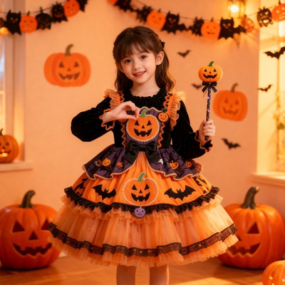 女童2025秋冬新款洛丽塔洋气生日连衣裙宝宝万圣节南瓜蓬蓬公主裙