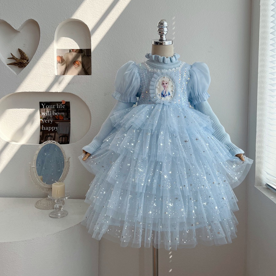女童连衣裙春秋新款儿童洋气蓬蓬蛋糕裙宝宝冰雪爱莎公主生日礼服