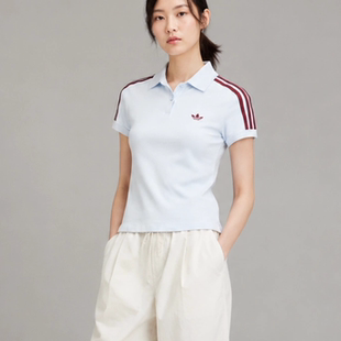 Adidas/阿迪达斯 三叶草POLO衫条纹修身短袖T恤女款蓝色KD3698