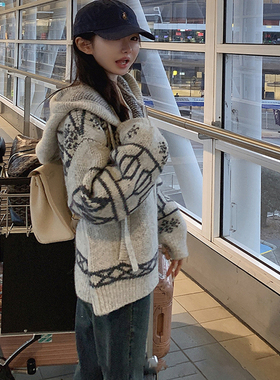 费尔岛提花灰色拉链连帽毛衣外套女秋冬季慵懒风宽松针织开衫上衣