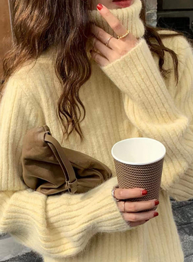 黄色高领毛衣女秋冬内搭加厚小个子短款宽松高级感软糯打底衫上衣