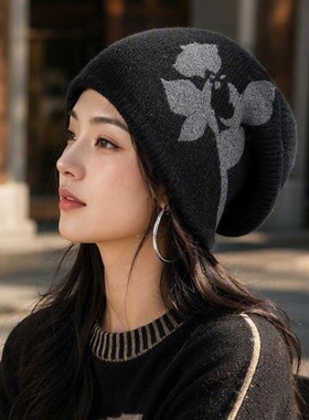 秋冬天保暖帽子大头围女款防风个性提花毛线帽加厚冷帽街头针织帽