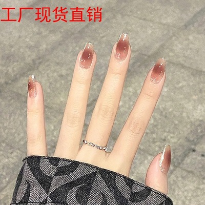 秋季红棕腮红美甲金粉修饰穿戴甲轻奢风假指甲成品nails