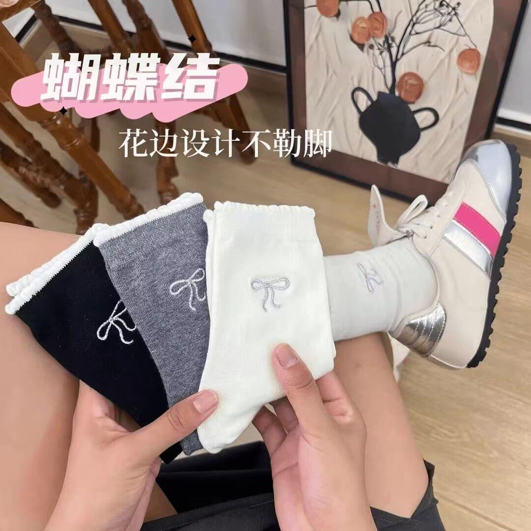 日系ins风堆堆袜春秋芭蕾风蝴蝶结花边中筒袜子女配玛丽珍小皮鞋