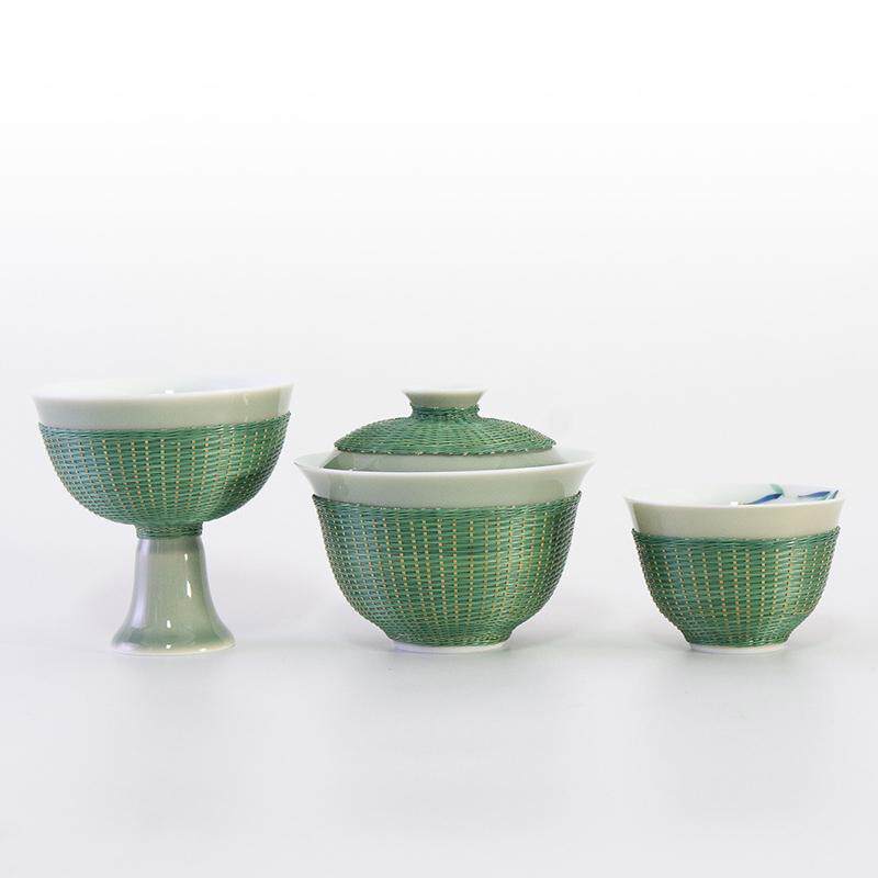 非遗手工艺竹丝扣瓷手绘仿宋盖碗套装瓷胎竹编高足主人杯竹品茗杯