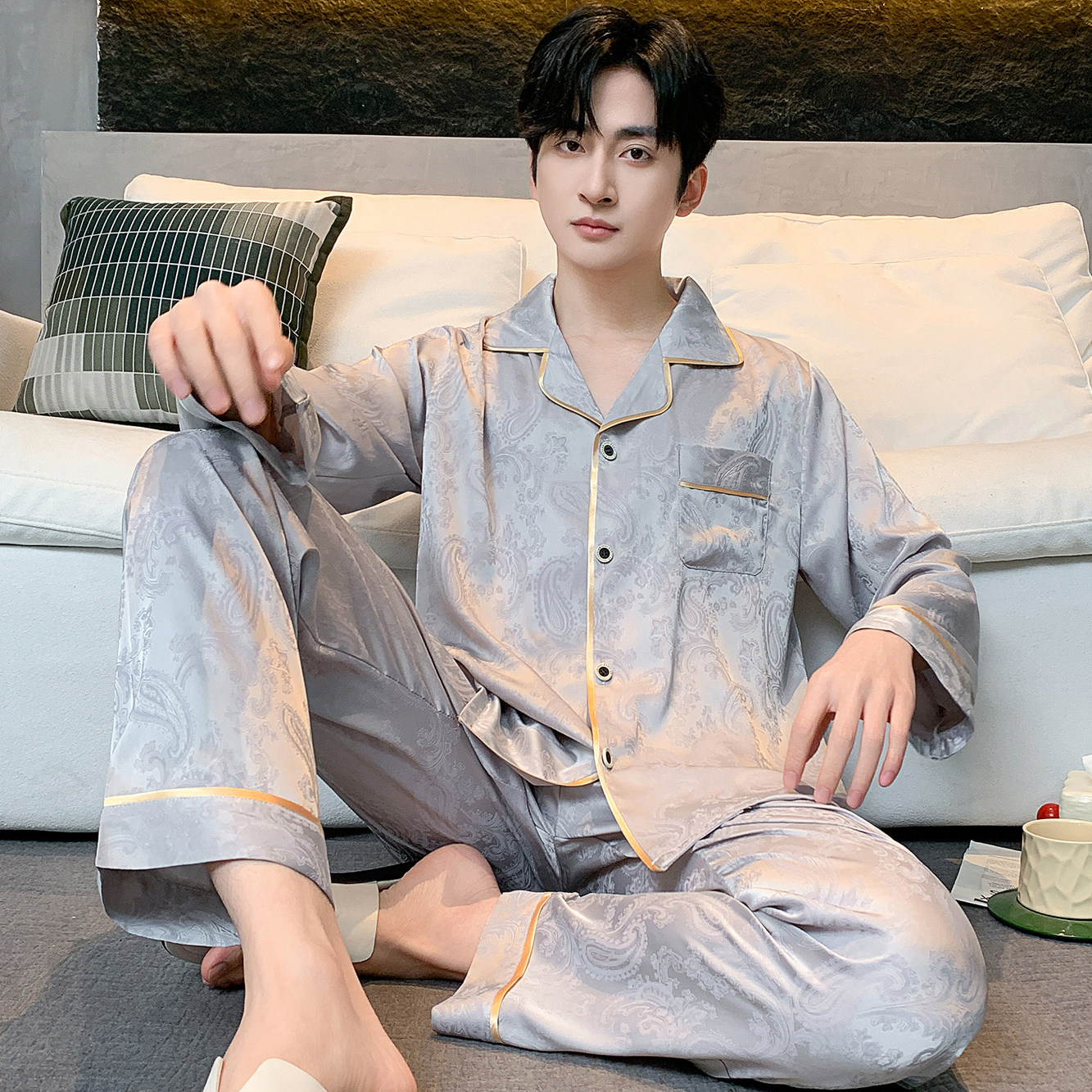 丝质男士青年夏日冰丝高级感睡衣套装春夏薄款大码宽松外穿家居服