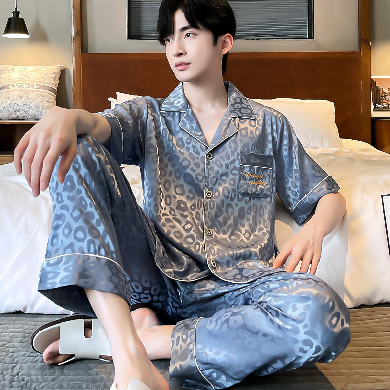 向薇男士夏日冰丝高级感睡衣套装春夏薄款短袖长裤可外穿家居服