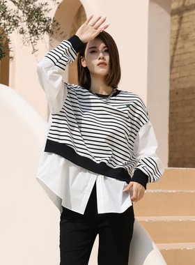 婉甸2025春季新品黑白条纹拼接卫衣复古风1241Y05XS4YX