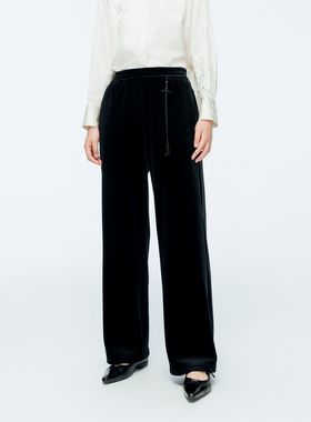 婉甸2025年冬季新品黑色丝绒阔腿裤1244P01DM1