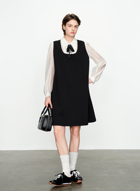 婉甸2025春季新品黑色拼接长袖连衣裙通勤风1241N07SJ2