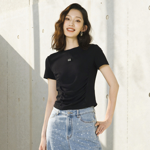 婉甸2026夏季新品黑色坑条短袖T恤1252T03SX1YX
